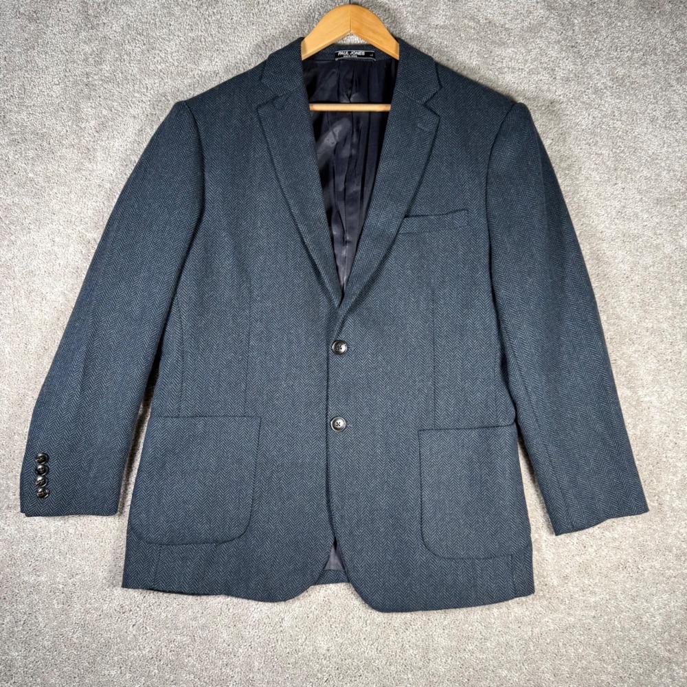 Paul Jones Men's L Blue Grey Herringbone Tweed Blazer Sport Coat Jacket